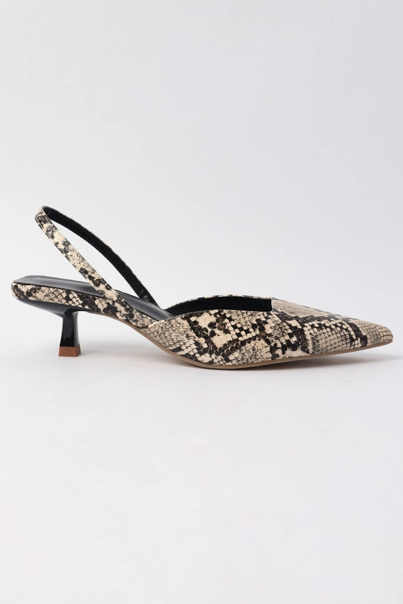 Beige Animal Print Slingback Kitten Heeled Shoes