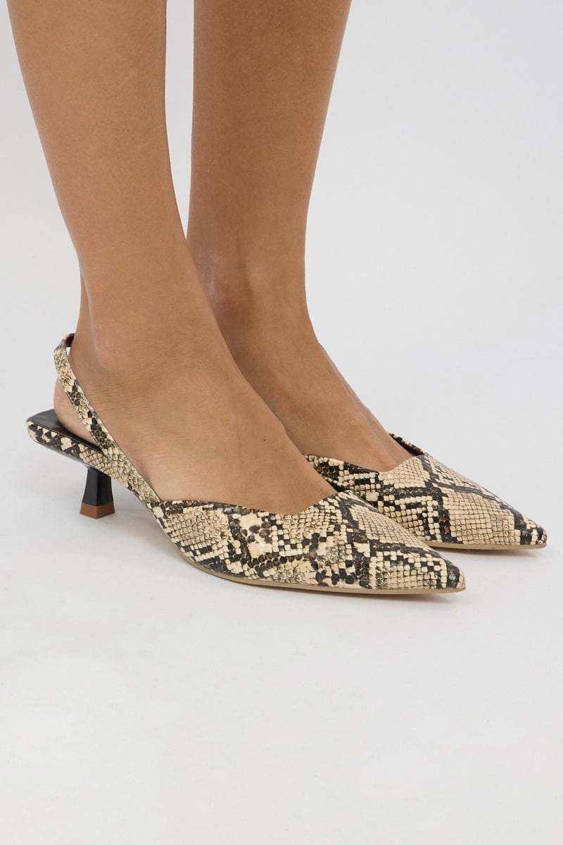 Beige Animal Print Slingback Kitten Heeled Shoes