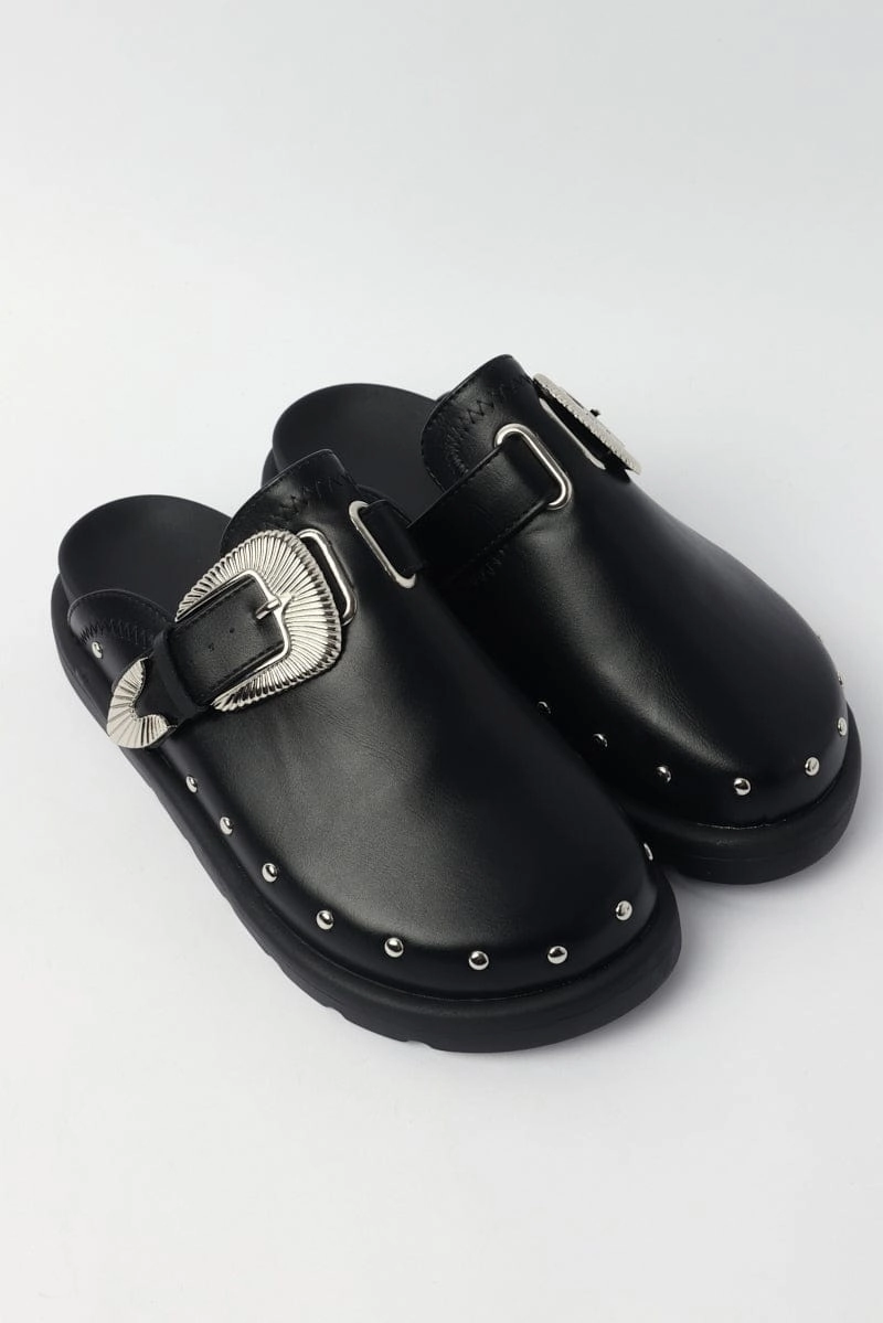 Black Buckled Detail Mule Clogs