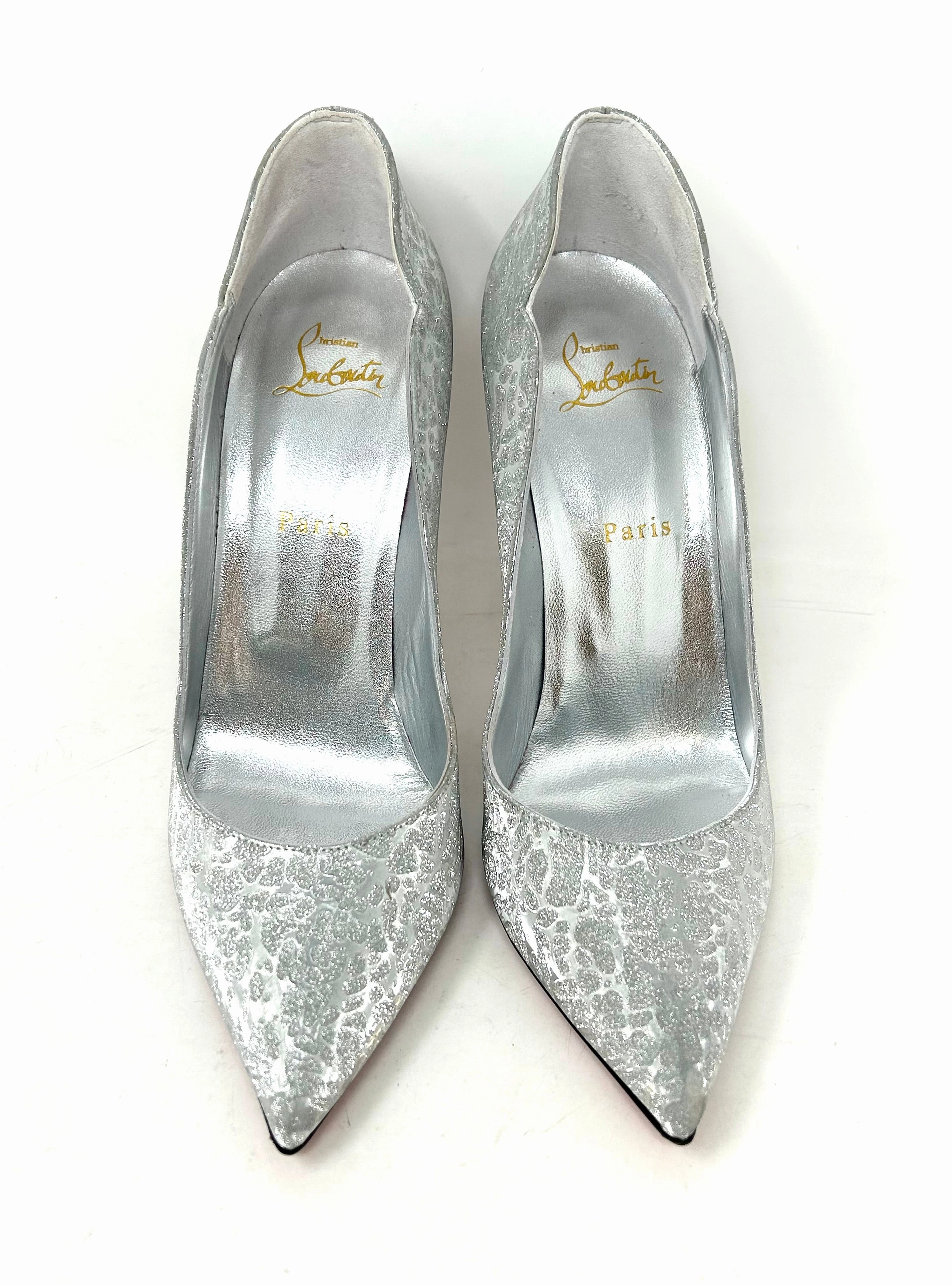 Christian Louboutin Hot Chick 100 Silver Specchio Glitter Pump Heels 40.5 UK 7.5
