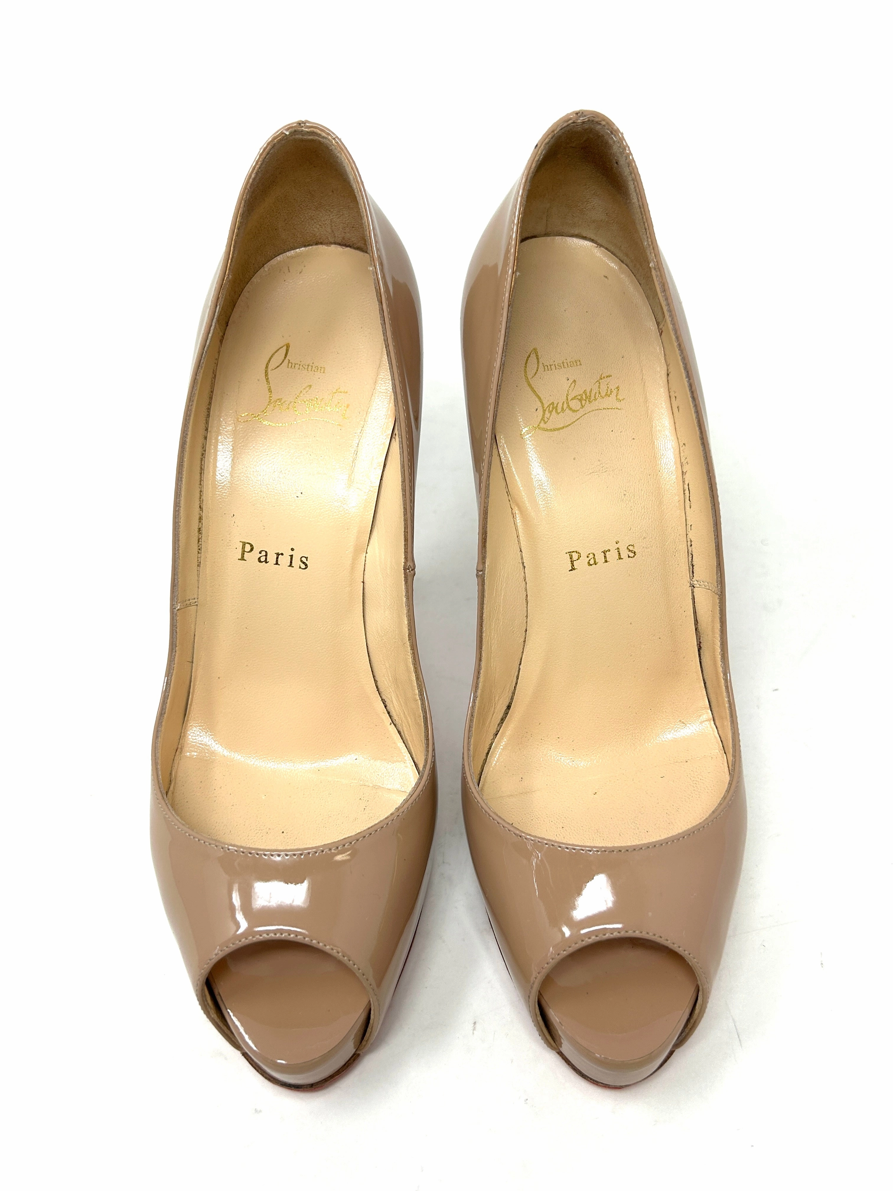 Christian Louboutin Very Prive 120 Nude Patent Leather Peep Toe Heels 37.5 UK 4.5