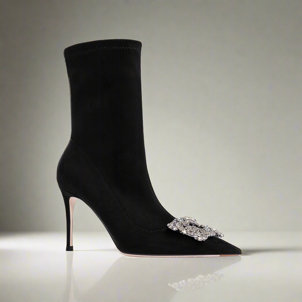 Erela Black Crystal Buckled Ankle Boots