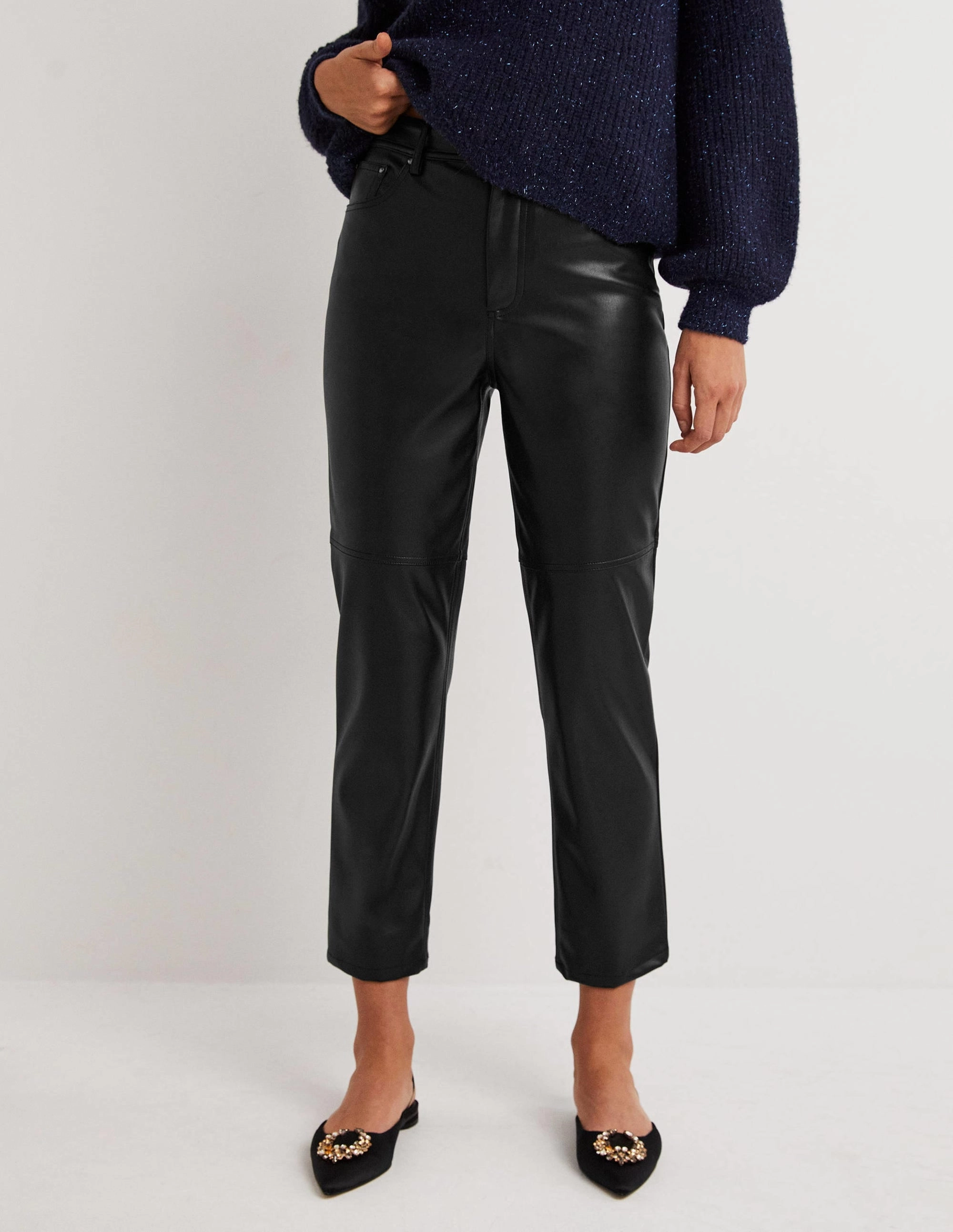 Faux Leather Straight Trousers-Black