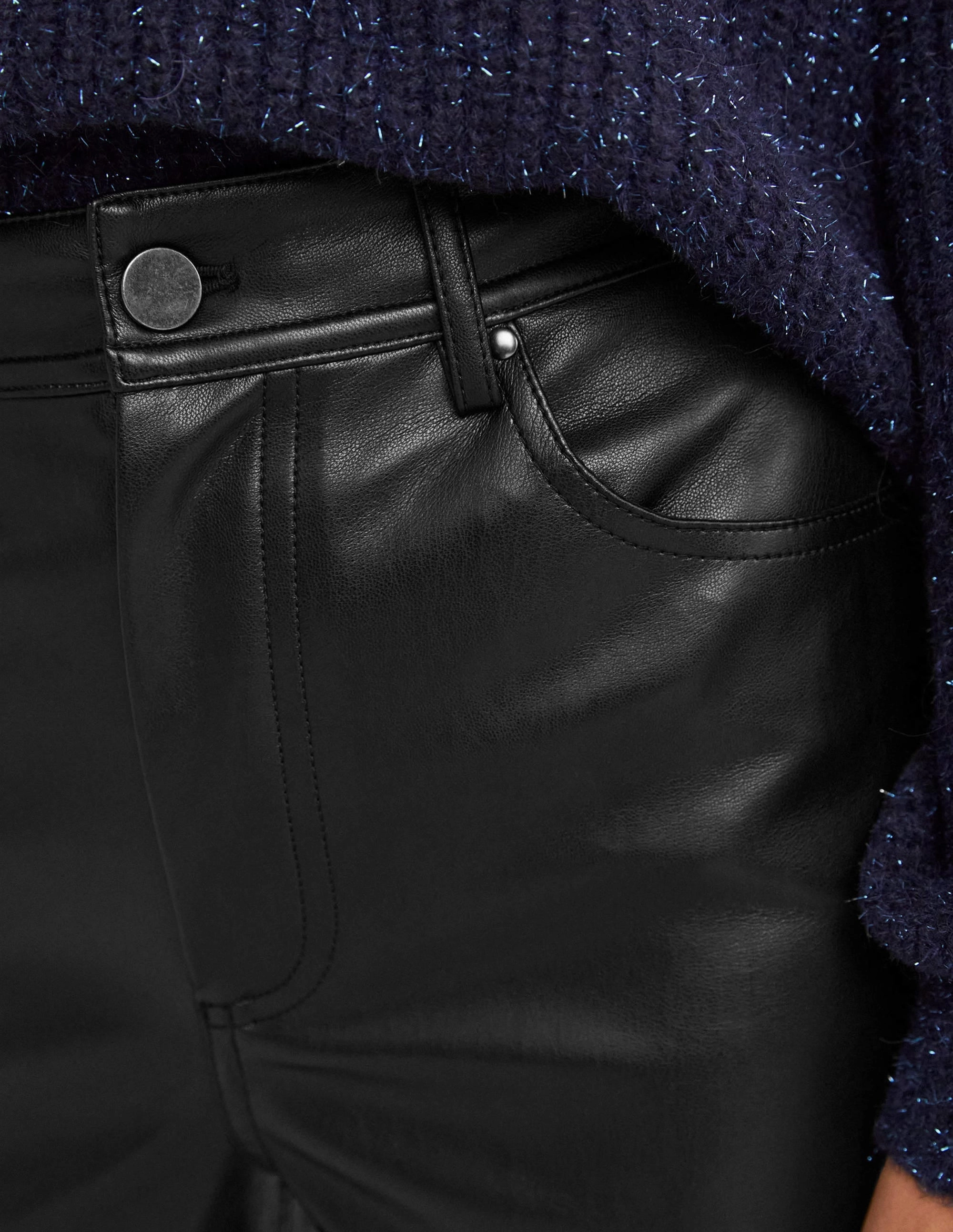 Faux Leather Straight Trousers-Black