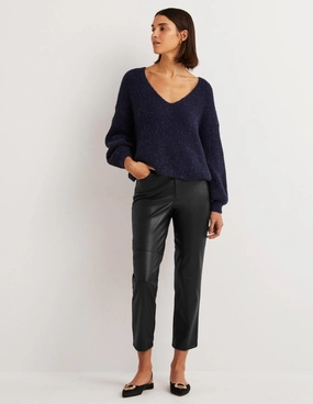 Faux Leather Straight Trousers-Black