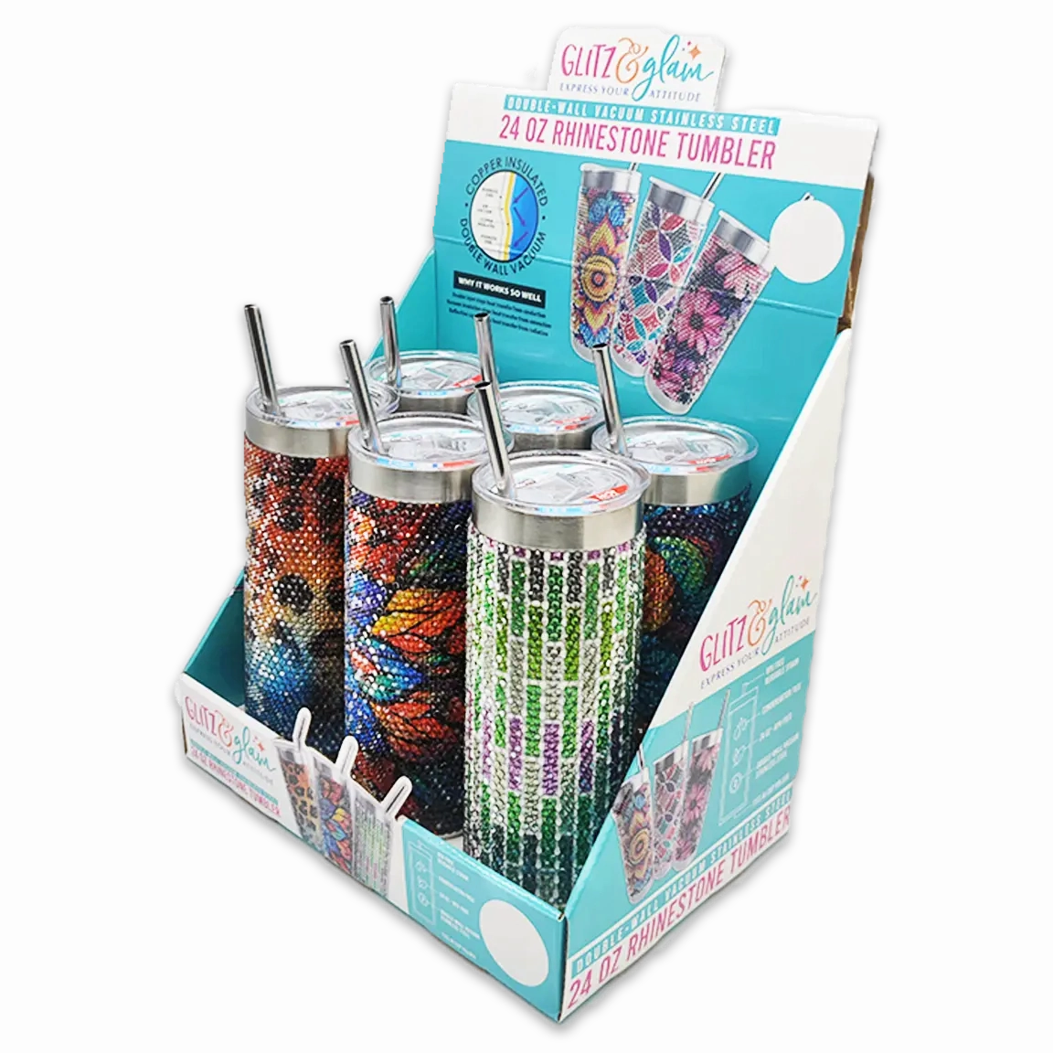 Insulated 24 Oz Rhinestone Tumbler Cup - 6 Pieces Per Retail Ready Display 24374