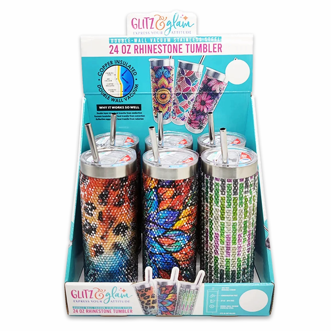 Insulated 24 Oz Rhinestone Tumbler Cup - 6 Pieces Per Retail Ready Display 24374