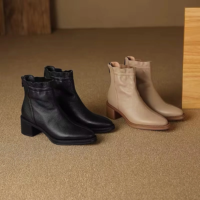 Kiara Beige Block Heels Ankle Boots