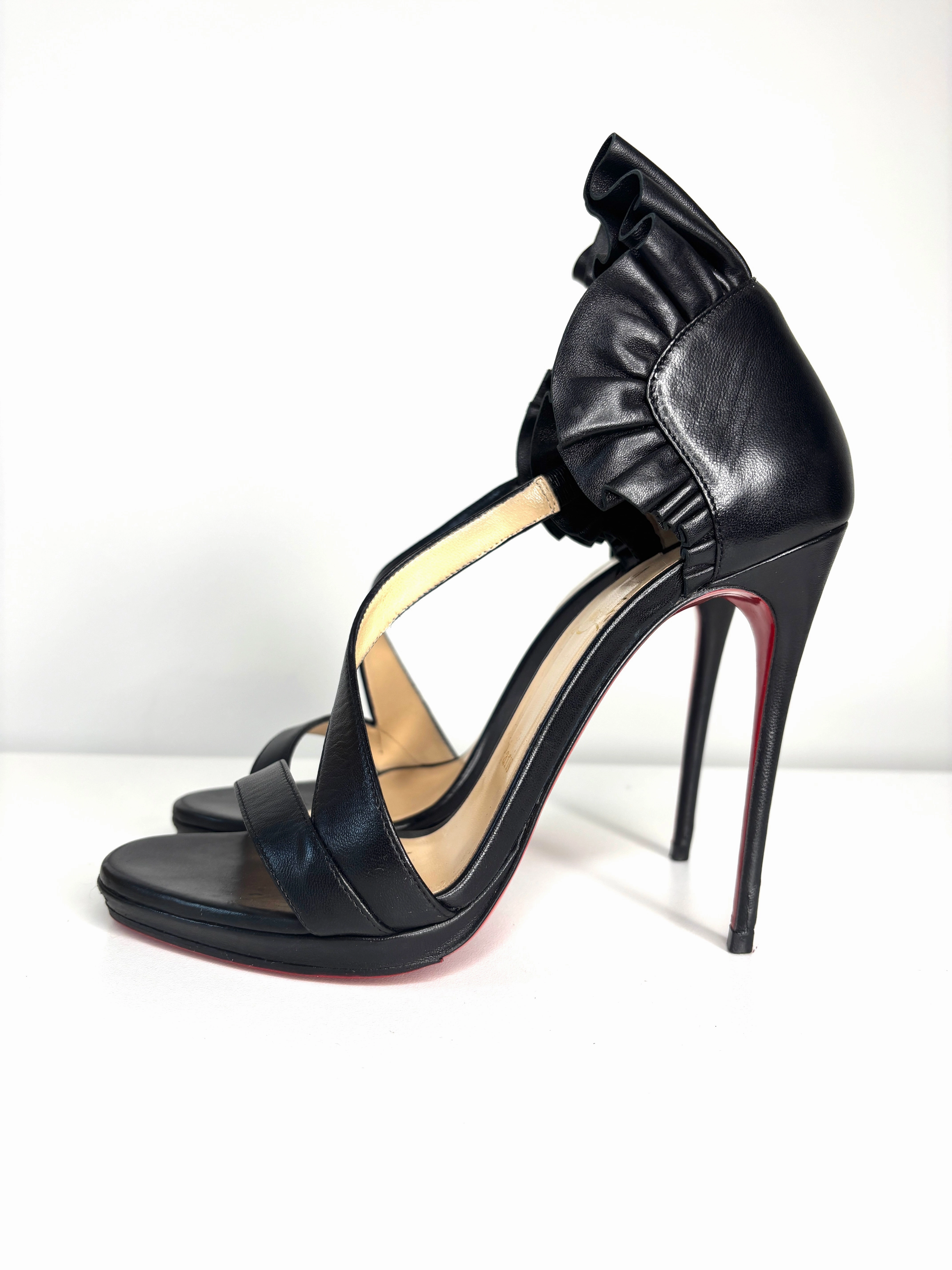 Pre-loved Christian Louboutin Colankle 120 Black Leather Heels Sandals 38 UK5
