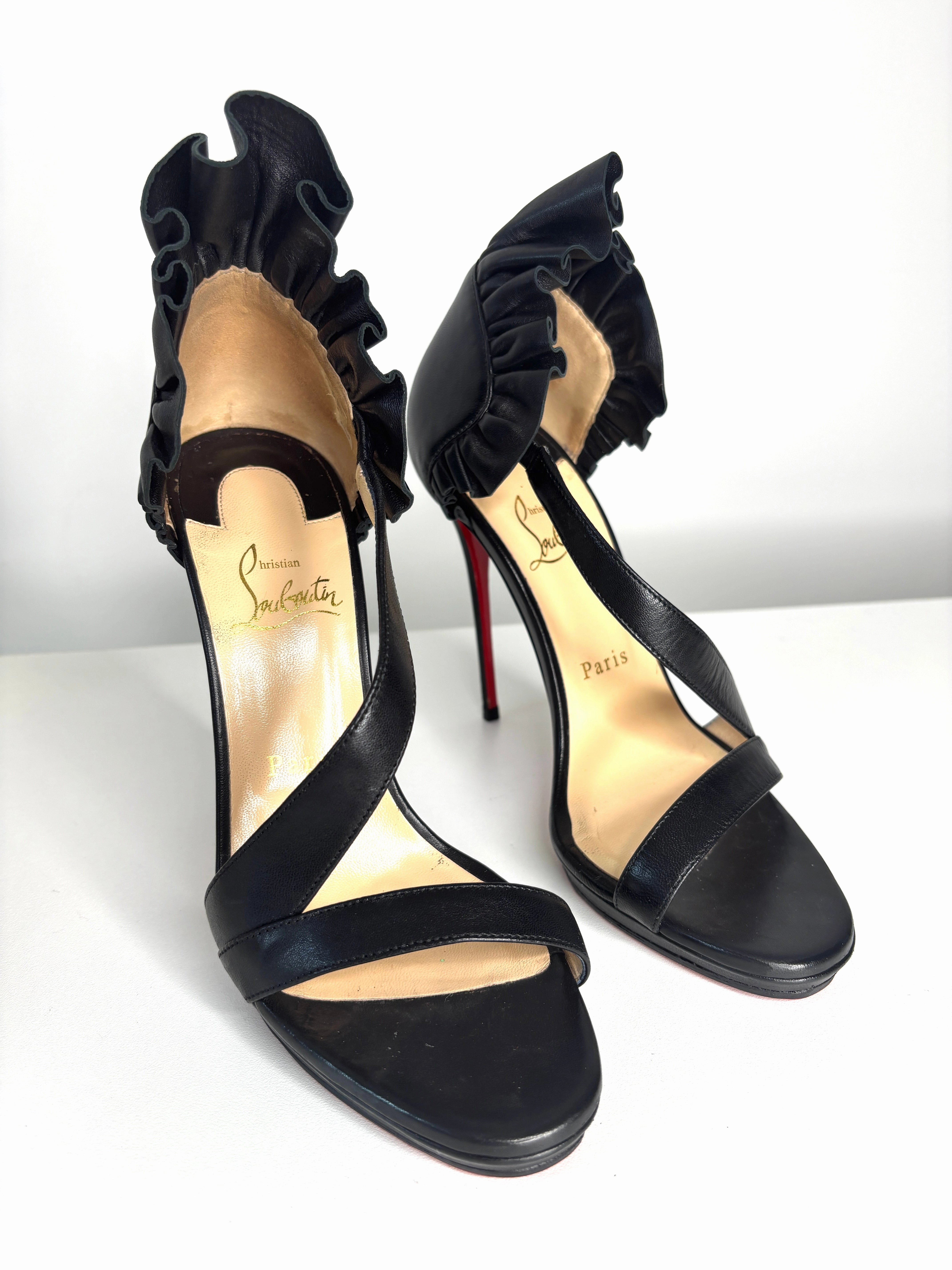 Pre-loved Christian Louboutin Colankle 120 Black Leather Heels Sandals 38 UK5