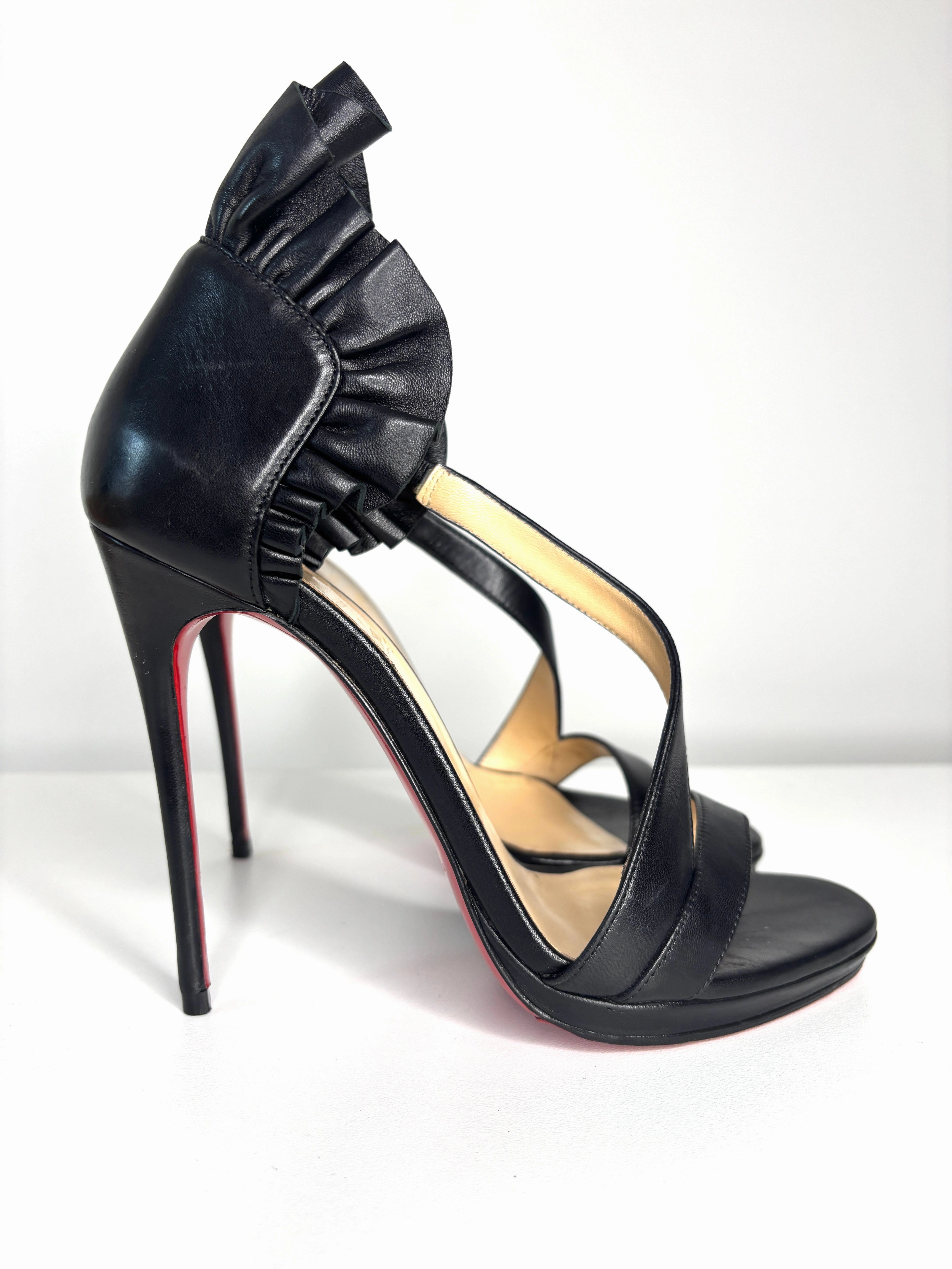 Pre-loved Christian Louboutin Colankle 120 Black Leather Heels Sandals 38 UK5