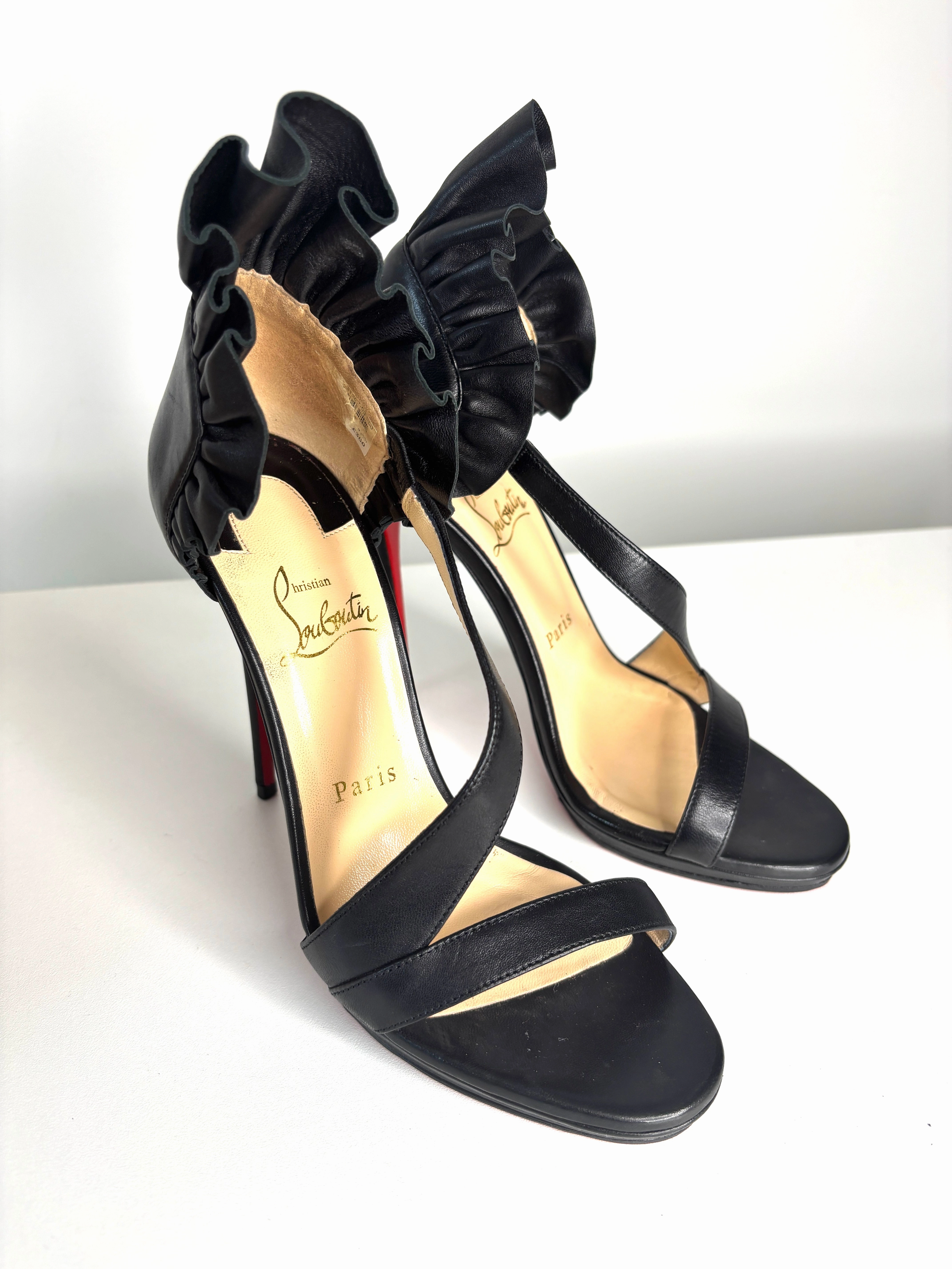 Pre-loved Christian Louboutin Colankle 120 Black Leather Heels Sandals 38 UK5