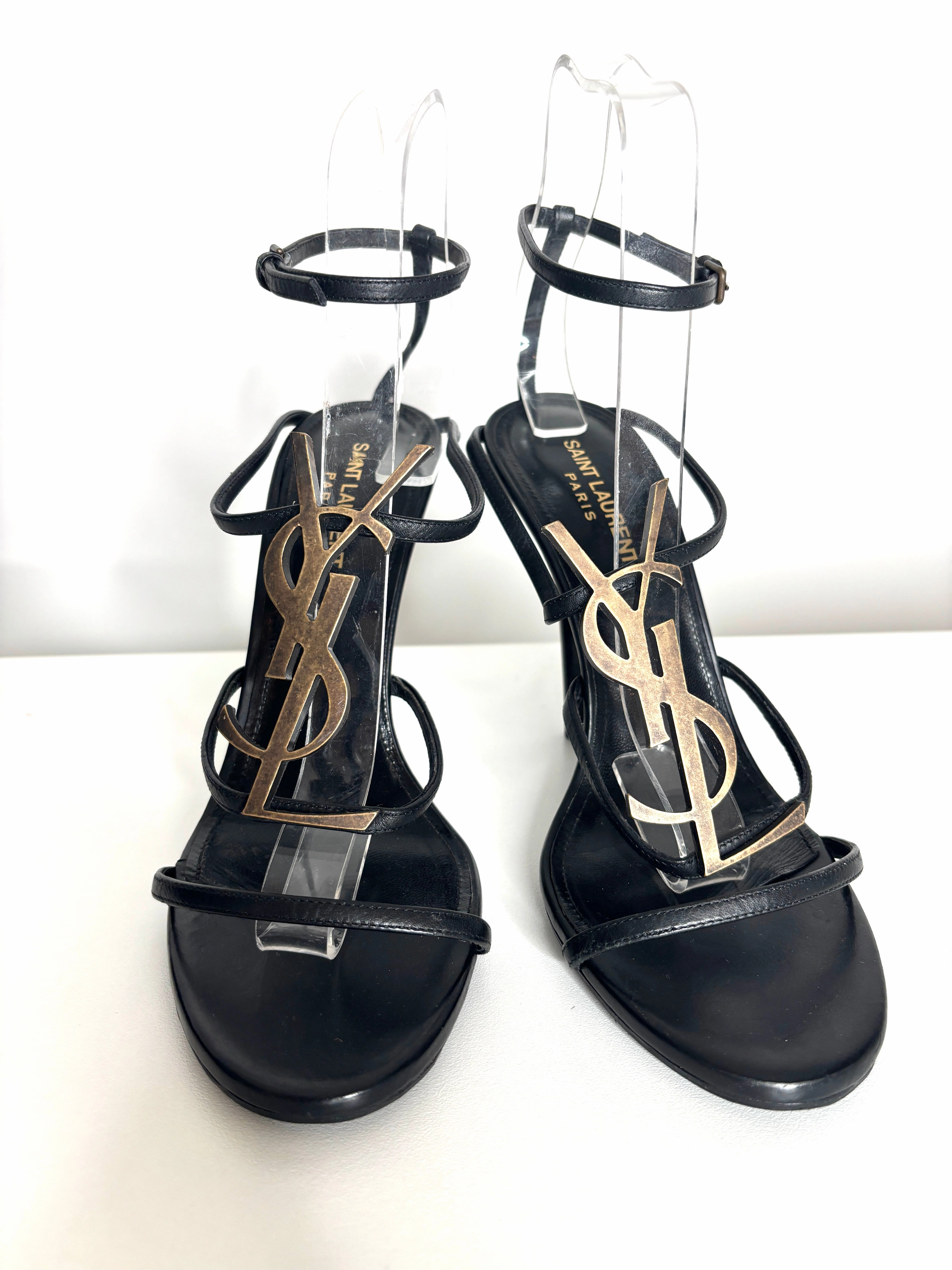 Saint Laurent Cassandra Black Leather Sandals Heels 39.5 UK6.5