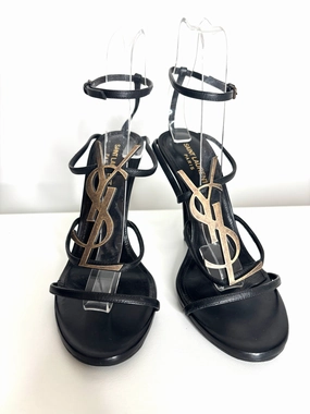 Saint Laurent Cassandra Black Leather Sandals Heels 39.5 UK6.5