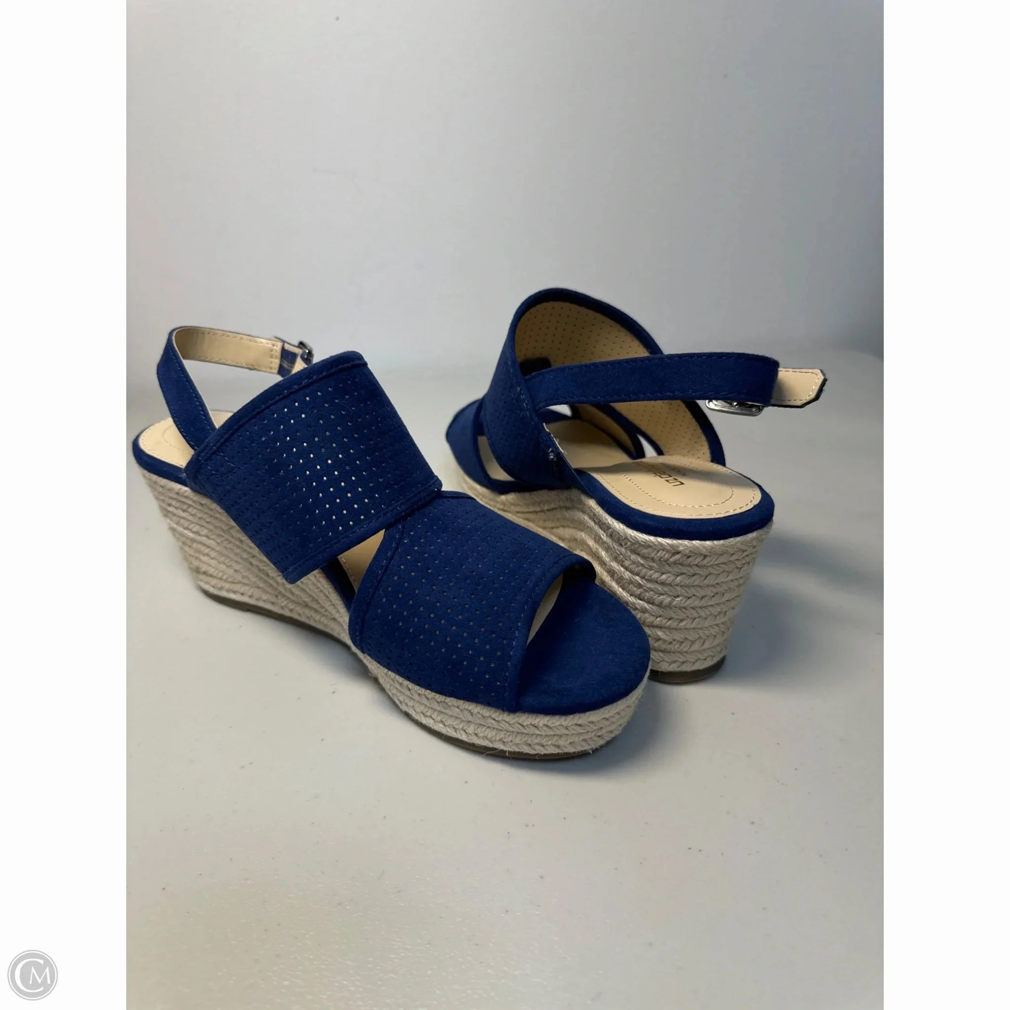 Sandals Heels Wedge By Liz Claiborne In Blue & Cream, Size: 7.5
