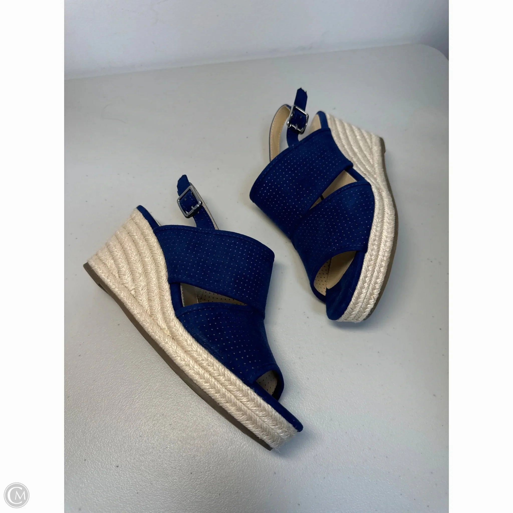 Sandals Heels Wedge By Liz Claiborne In Blue & Cream, Size: 7.5