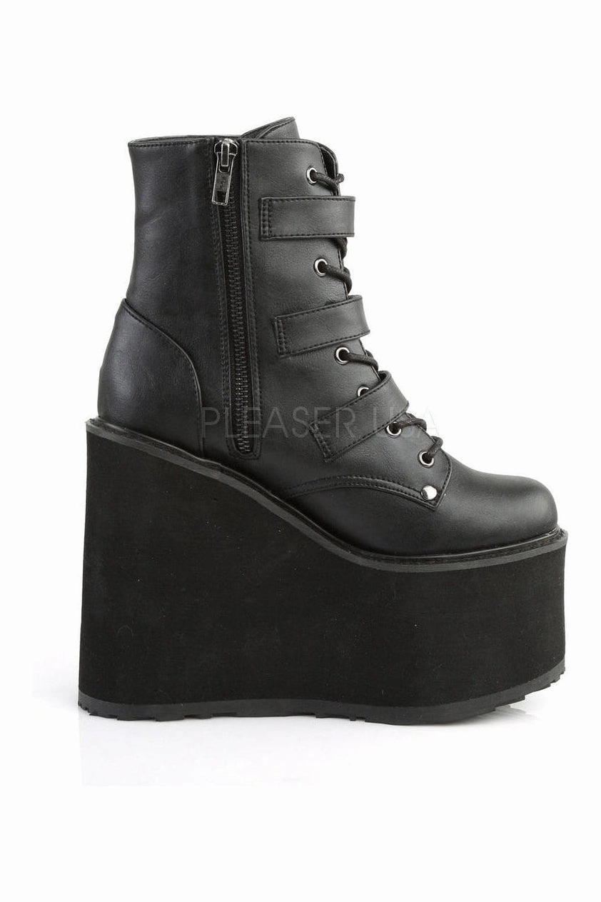 SWING-103 Demonia Wedge | Black Faux Leather