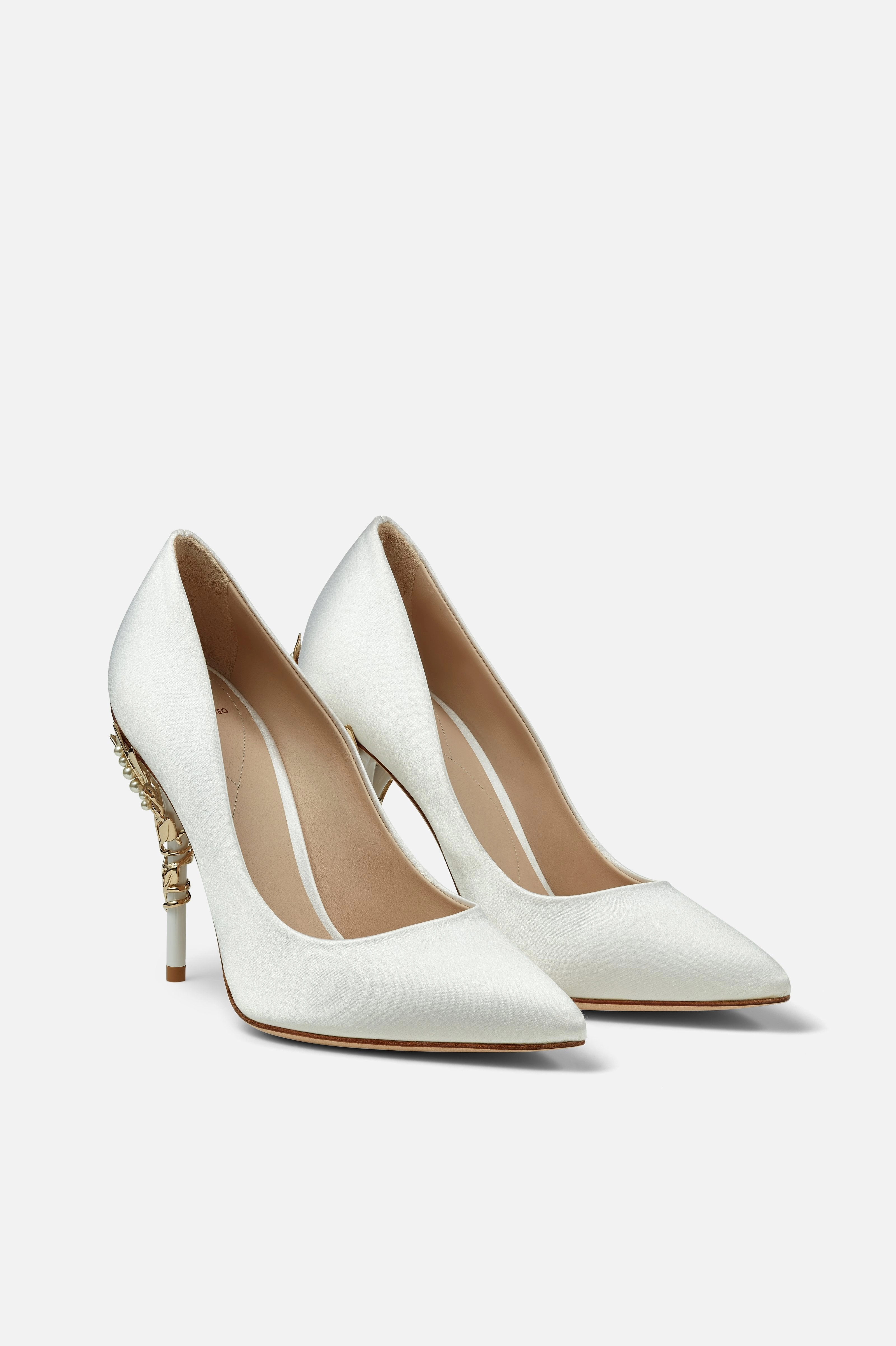 White Satin Eden Heels with Pearls and Gold Leaves
