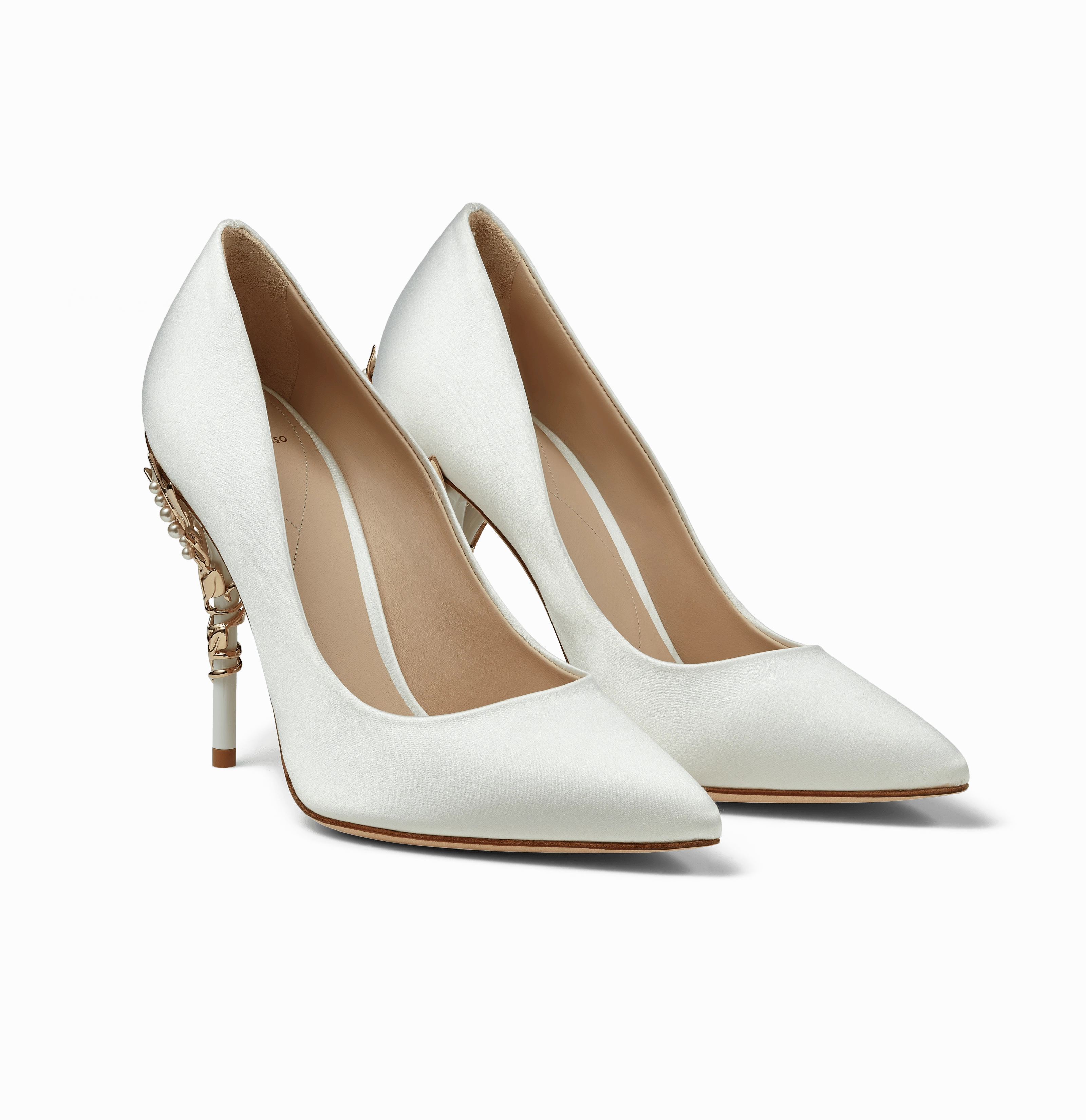 White Satin Eden Heels with Pearls and Gold Leaves