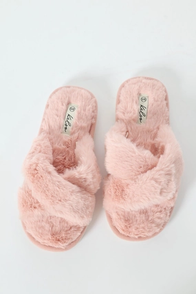 Wide Crosstrap Fur Mule Slipper - Mauve